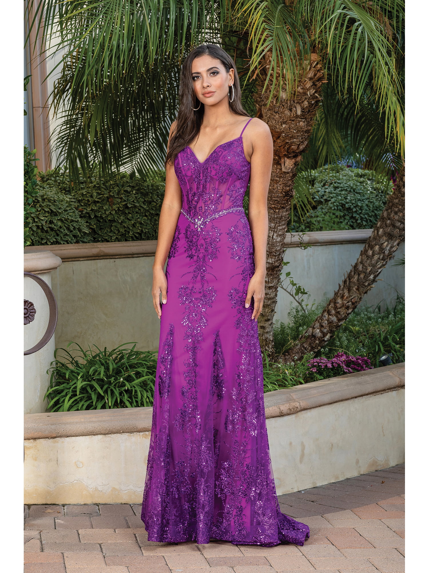 Spaghetti Strap Gown with Embroidered Lace Applique and Illusion Panels