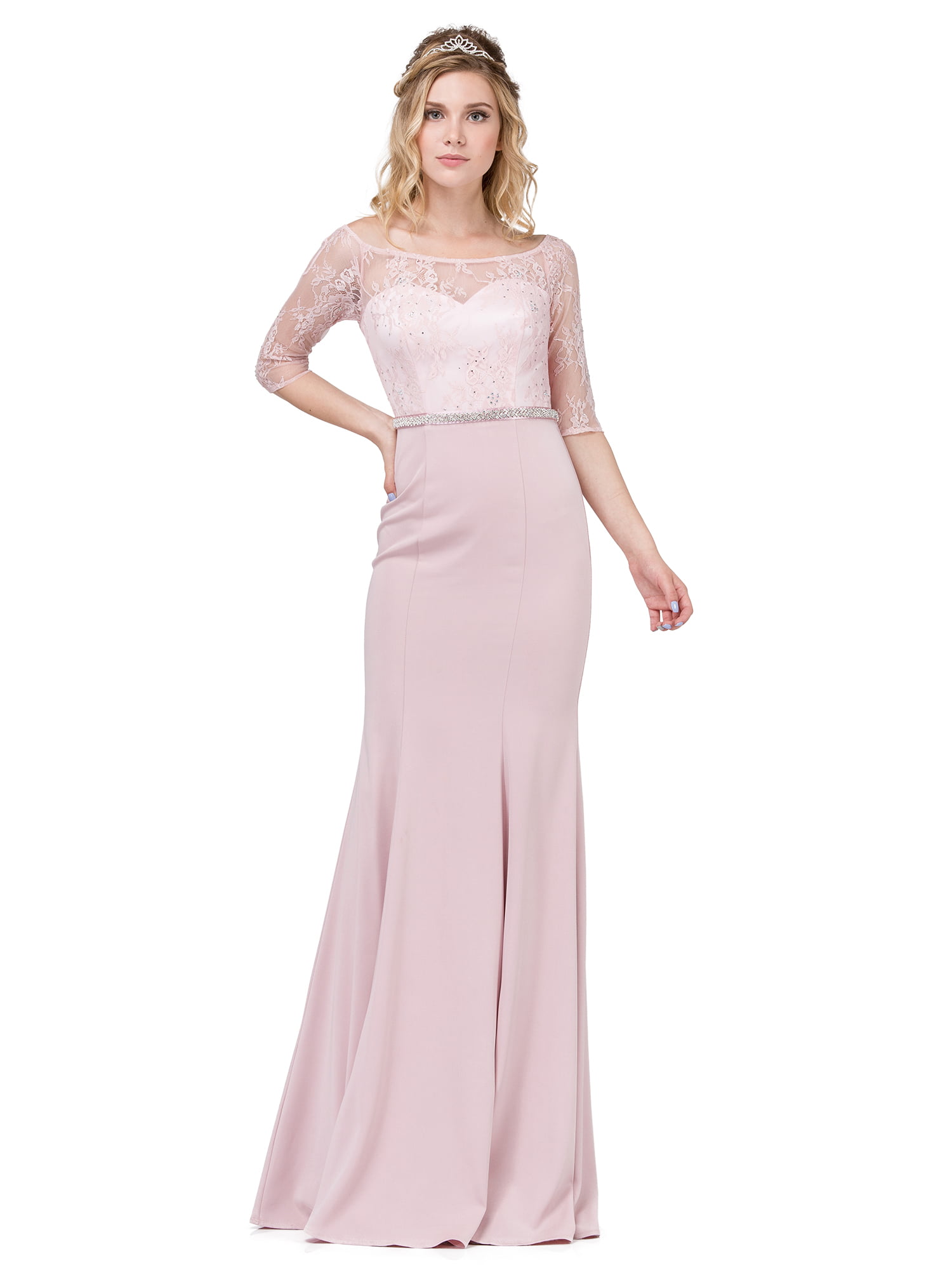 Lace Illusion Neckline Prom Gown with Sleeves and Beaded Waist (Style 2201)