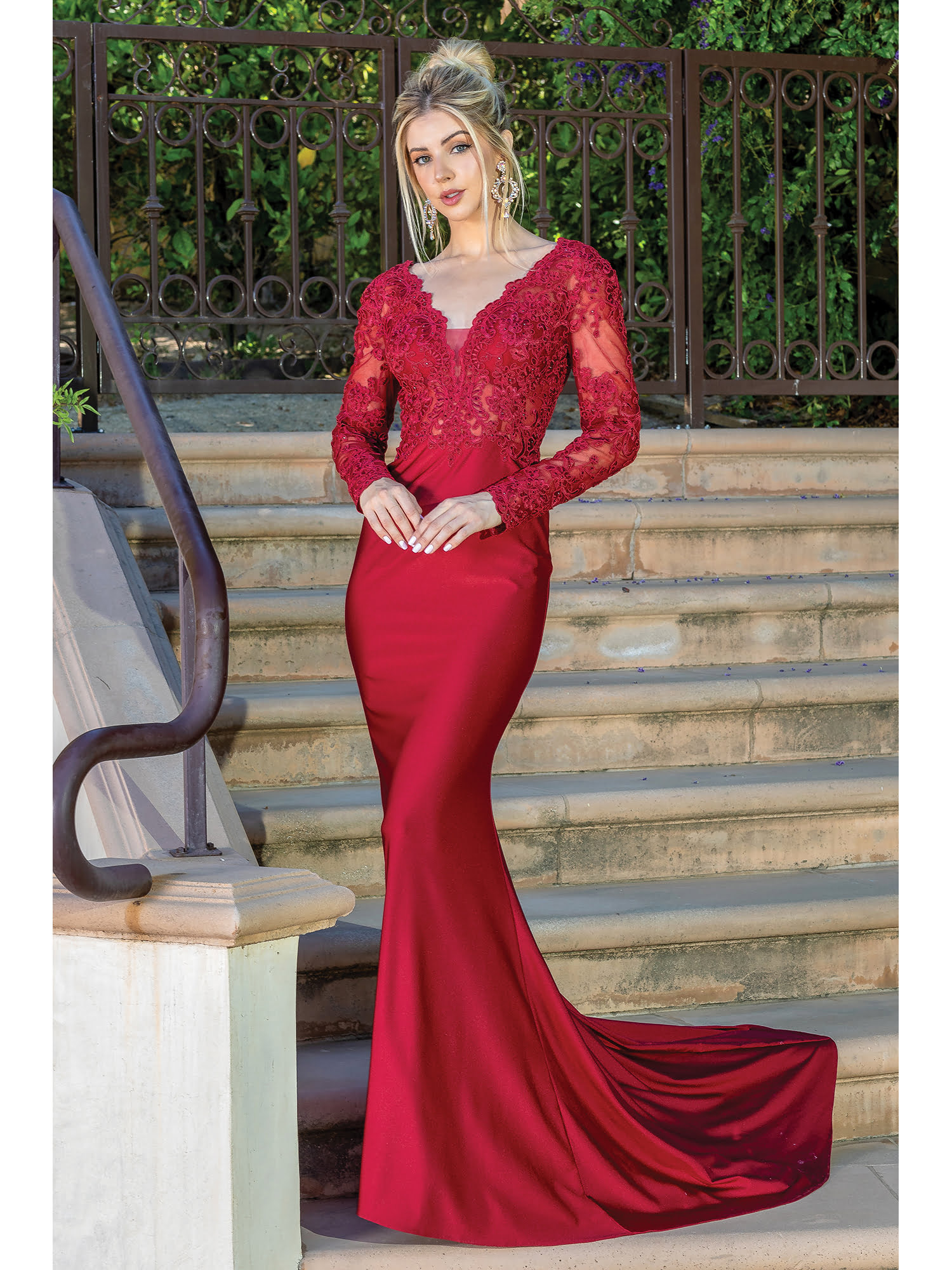 Long-Sleeve Lace Bodice Fitted Prom Gown (Style 4124)
