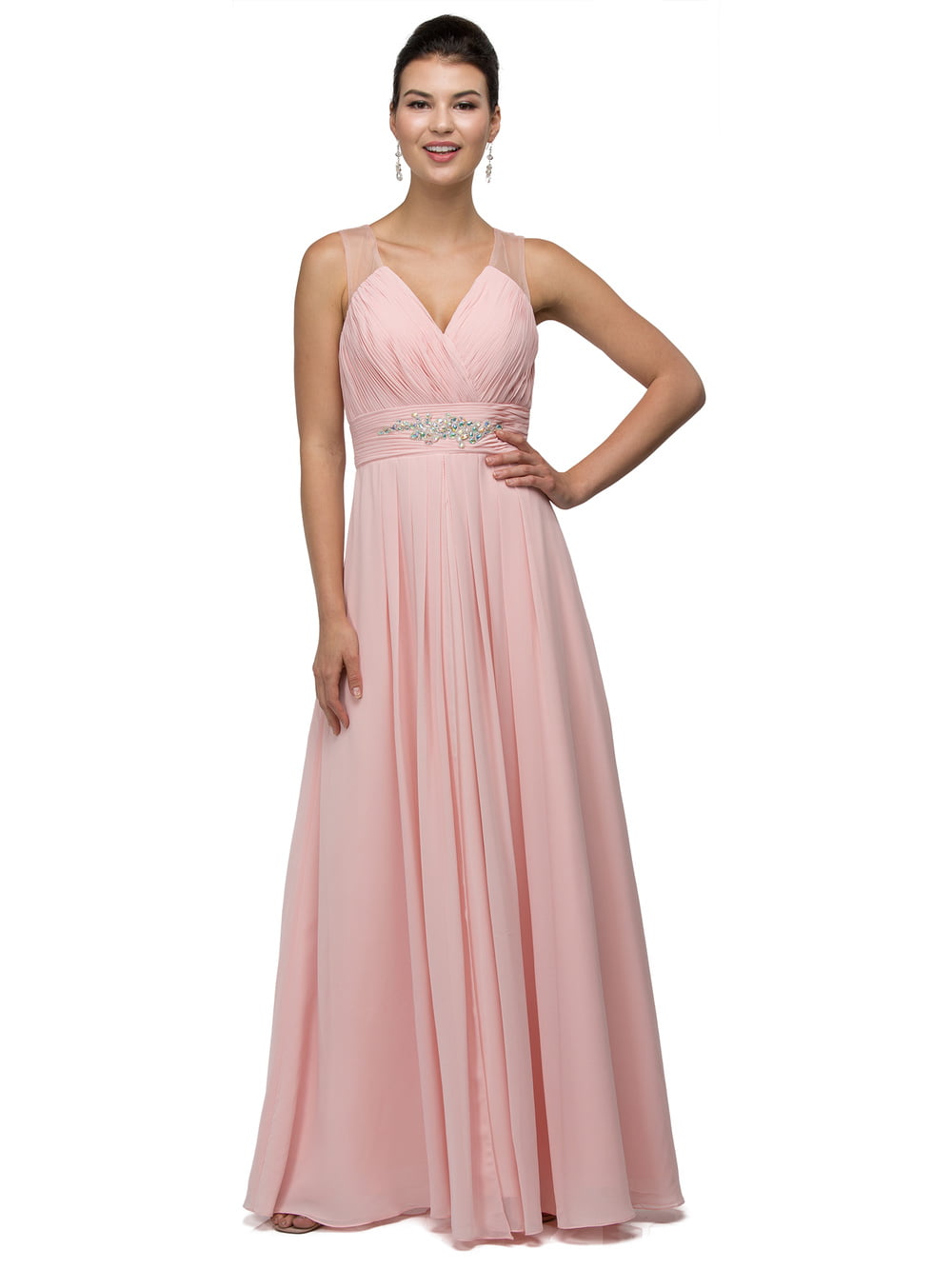 Pleated V-Neck A-Line Prom Gown with Embellished Waist (Style 9539)
