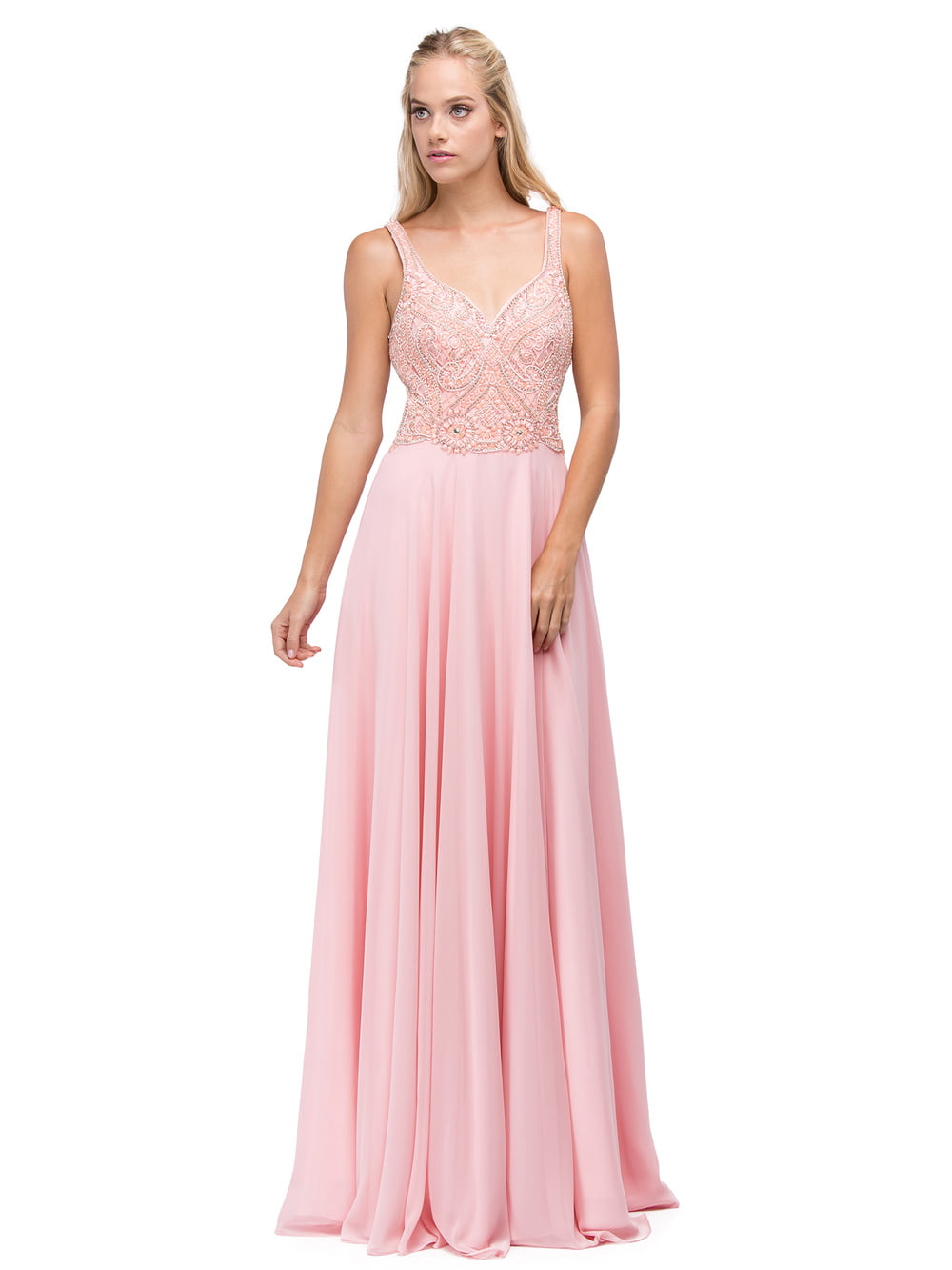 Sleeveless V-Neck Lace Bodice A-Line Prom Gown (Style 9743)