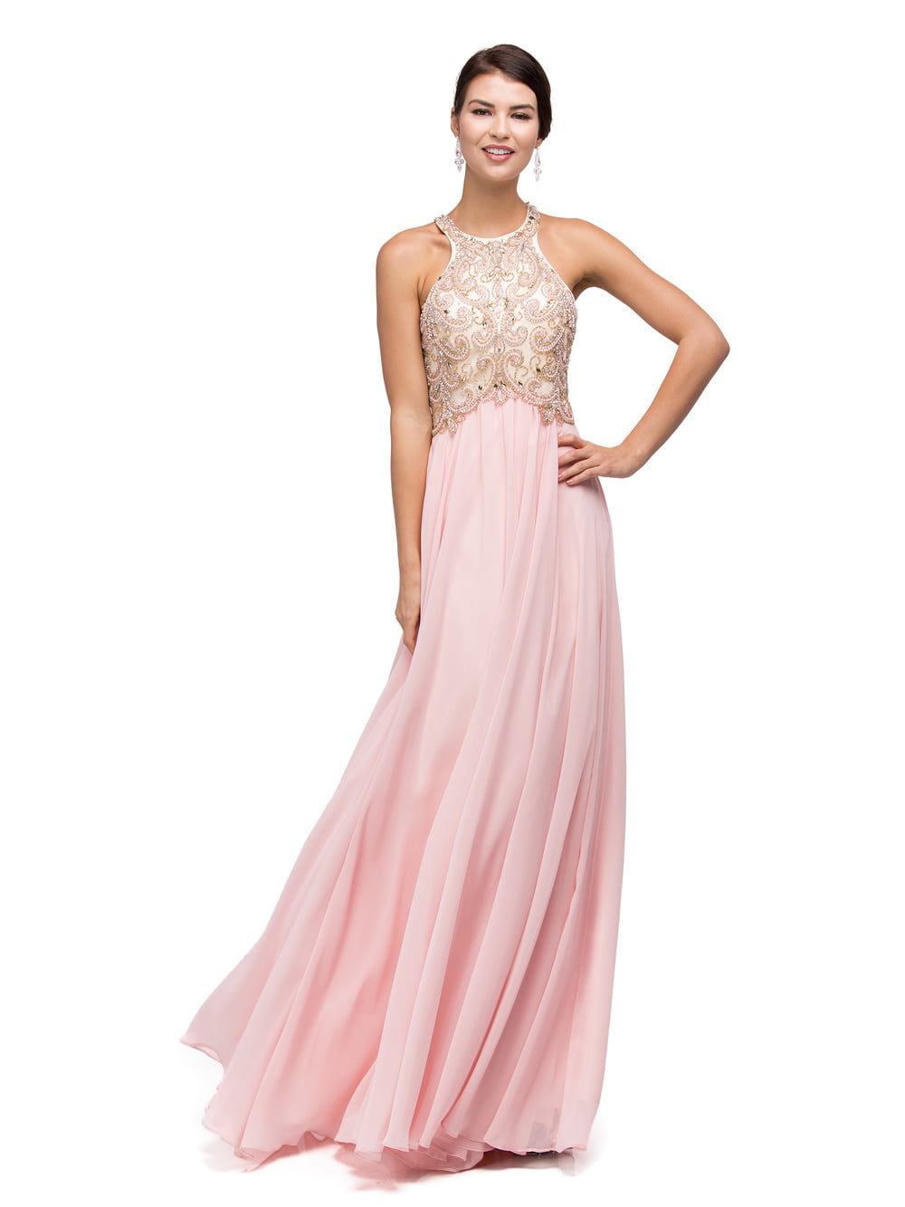 Illusion Halter Embroidered Bodice A-Line Prom Gown (Style 9776)