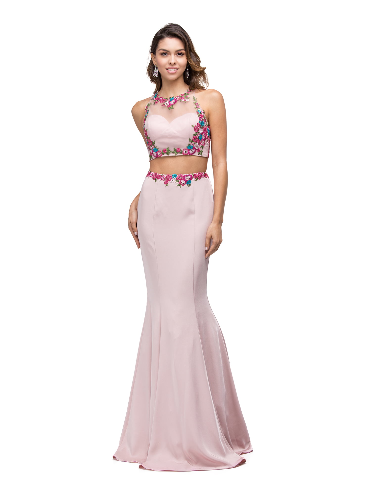 Two-Piece Floral Embroidered Prom Gown (Style 9778)