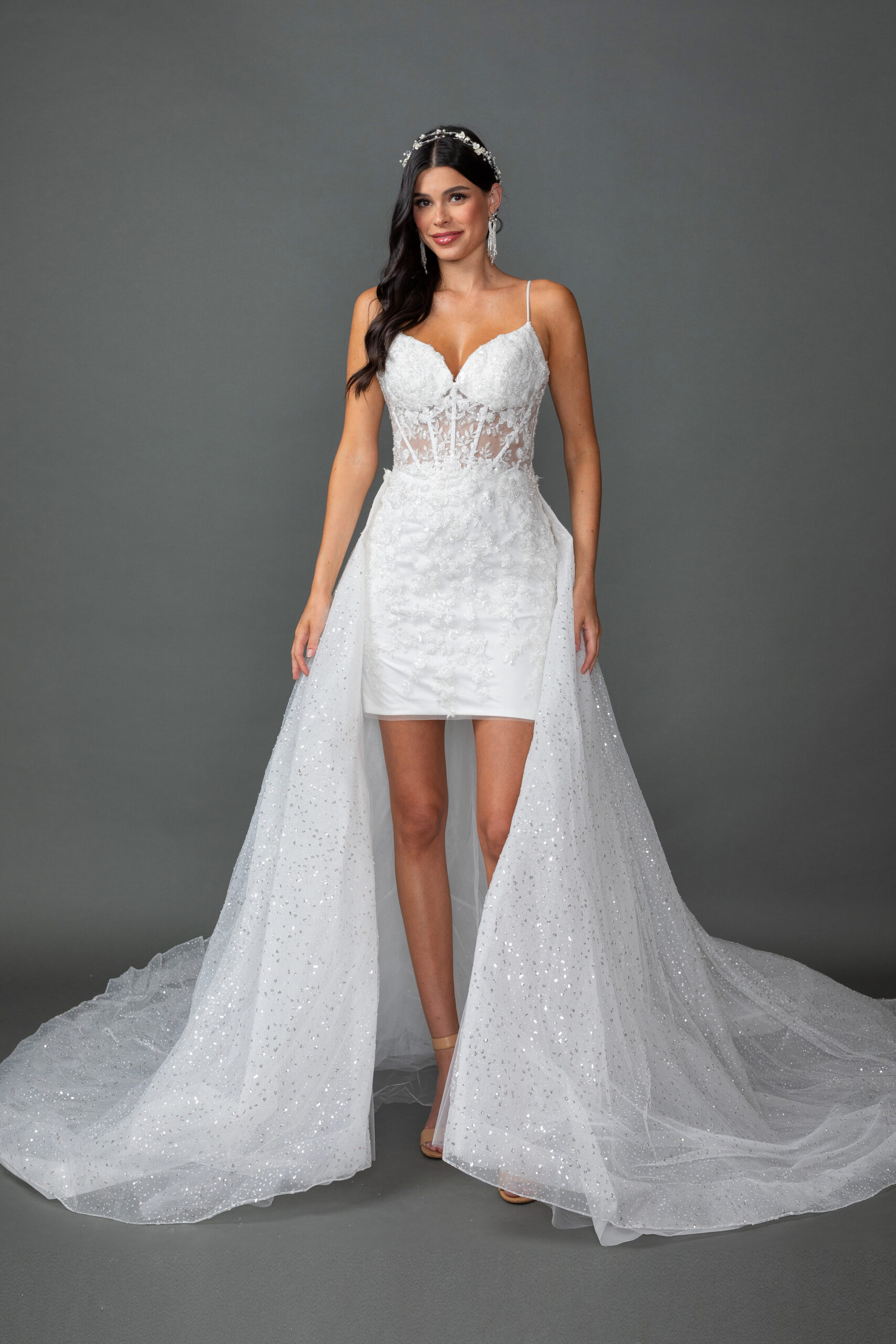 Lace Mini Wedding Dress with Long Overskirt (Style 0329)